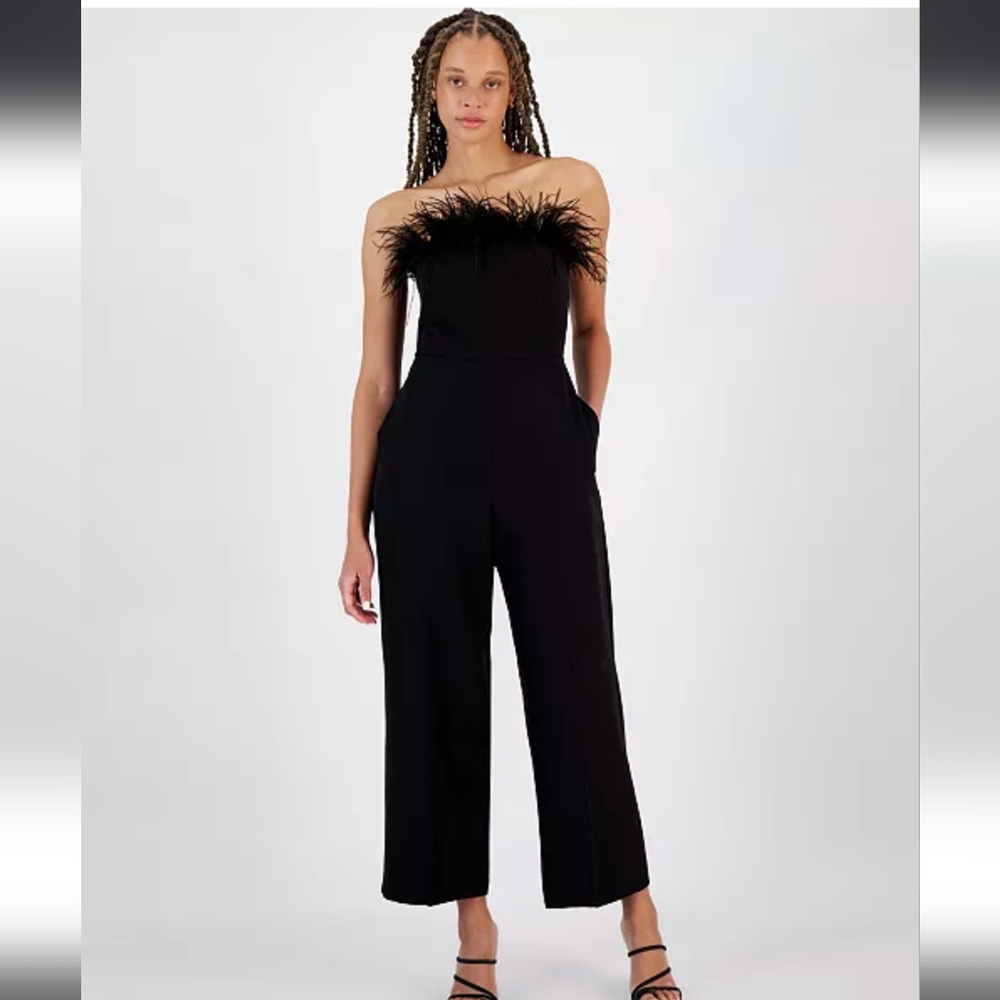 New Sam Edelman Women Black Glam New Years Wide Leg Feather Jumpsuit 0 XS NWT